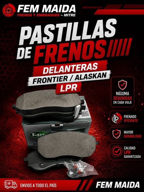 Pastillas de freno delanteras FEM Maida para Frontier y Alaskan LPR, con pastillas y discos en negro y rojo.