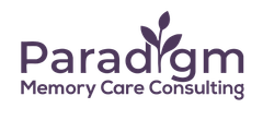 Logo for Paradigm Memory Care Consulting; purple text and leaf design.