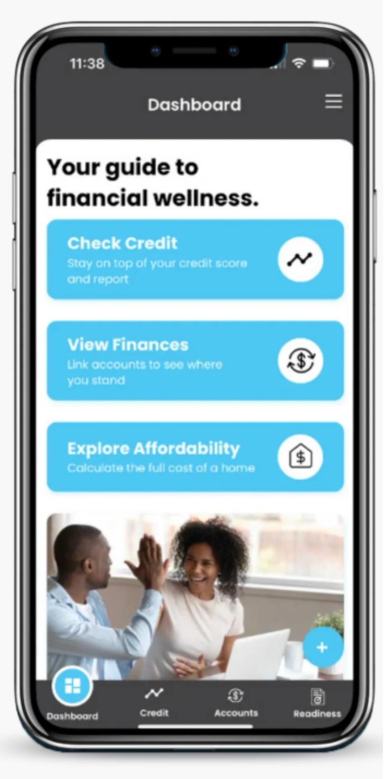 Dashboard for financial wellness with blue cards for checking credit, view finances, and explore affordability