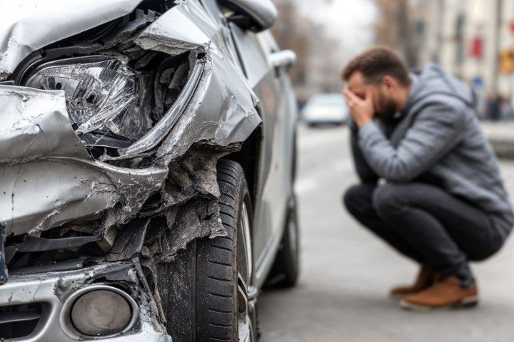 Severely damaged car front with a worried person crouching beside it on a road