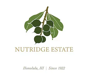 Logo for Nutridge Estate in Honolulu, featuring a green macadamia nut branch over text.