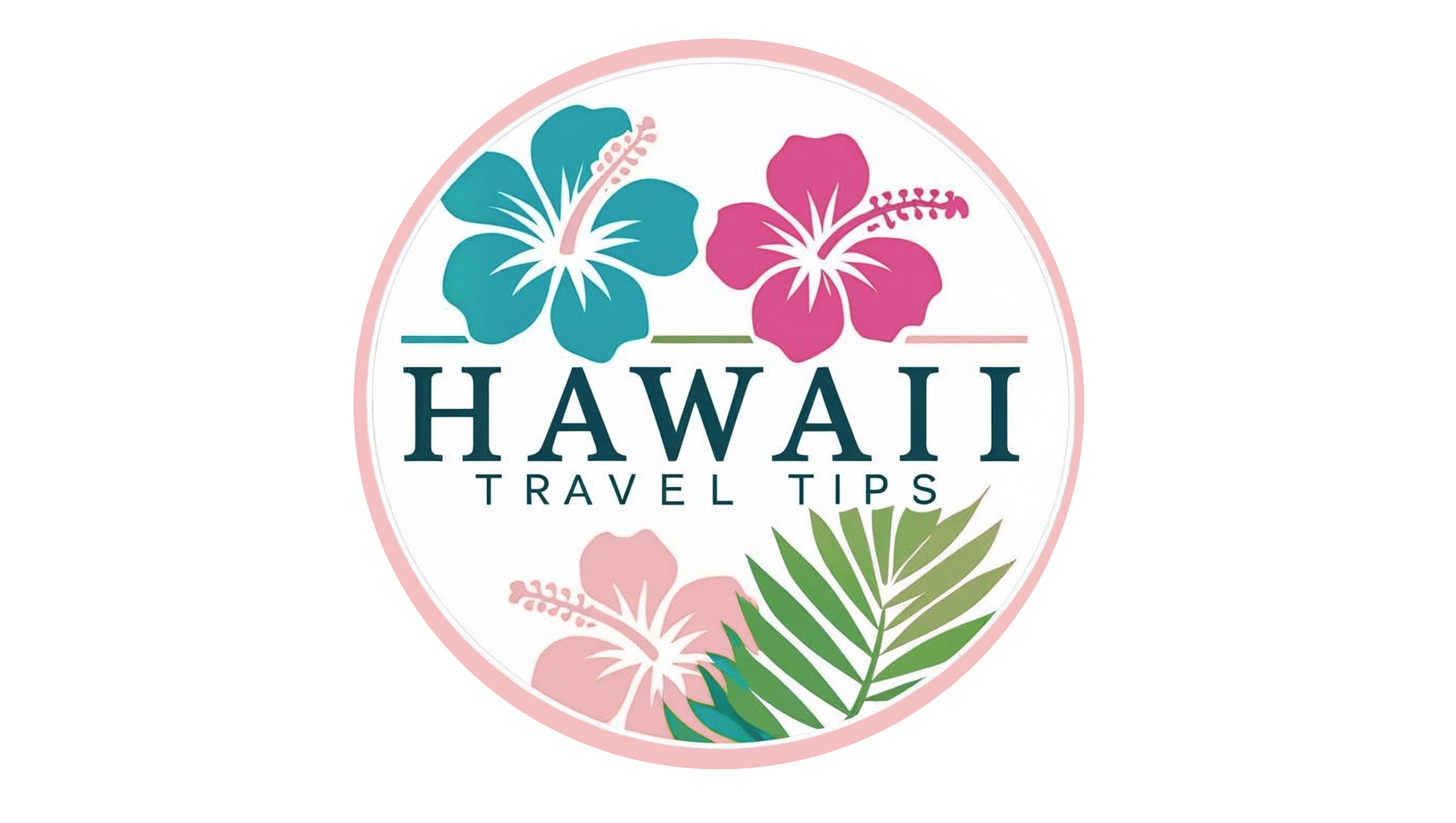 Hawaii travel tips logo: two hibiscus flowers, palm fronds, and the words 