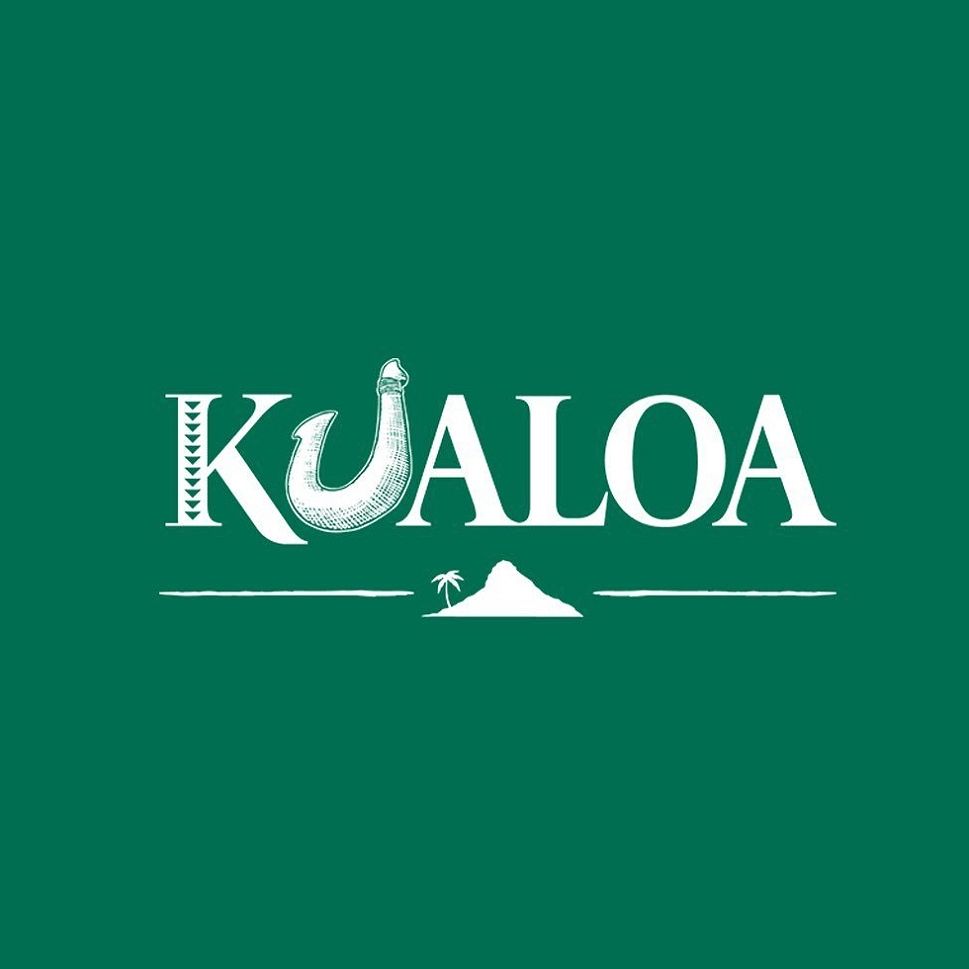 Logo for Kualoa Ranch, white text on green background. Includes a graphic of a mountain and palm tree.