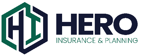 Logo for Hero Insurance & Planning, with a geometric design and text in navy and green.