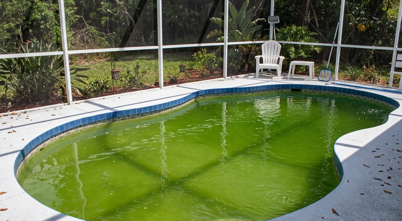 Screen enclosed backyard pool suffering from a severe algae bloom.