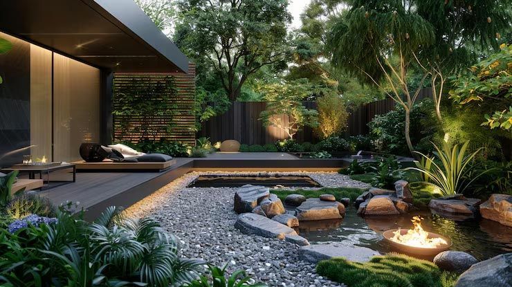 Modern home patio with a reflecting pond, stepping stones, and lush tropical landscaping at dusk