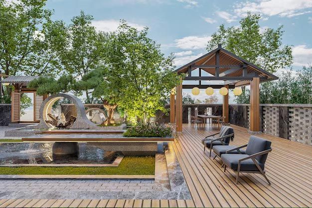 Modern rooftop terrace with lounge chairs, wooden deck, reflecting pool, trees, and a covered dining pavilion