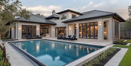 Modern backyard patio with a rectangular pool beside a contemporary house at dusk