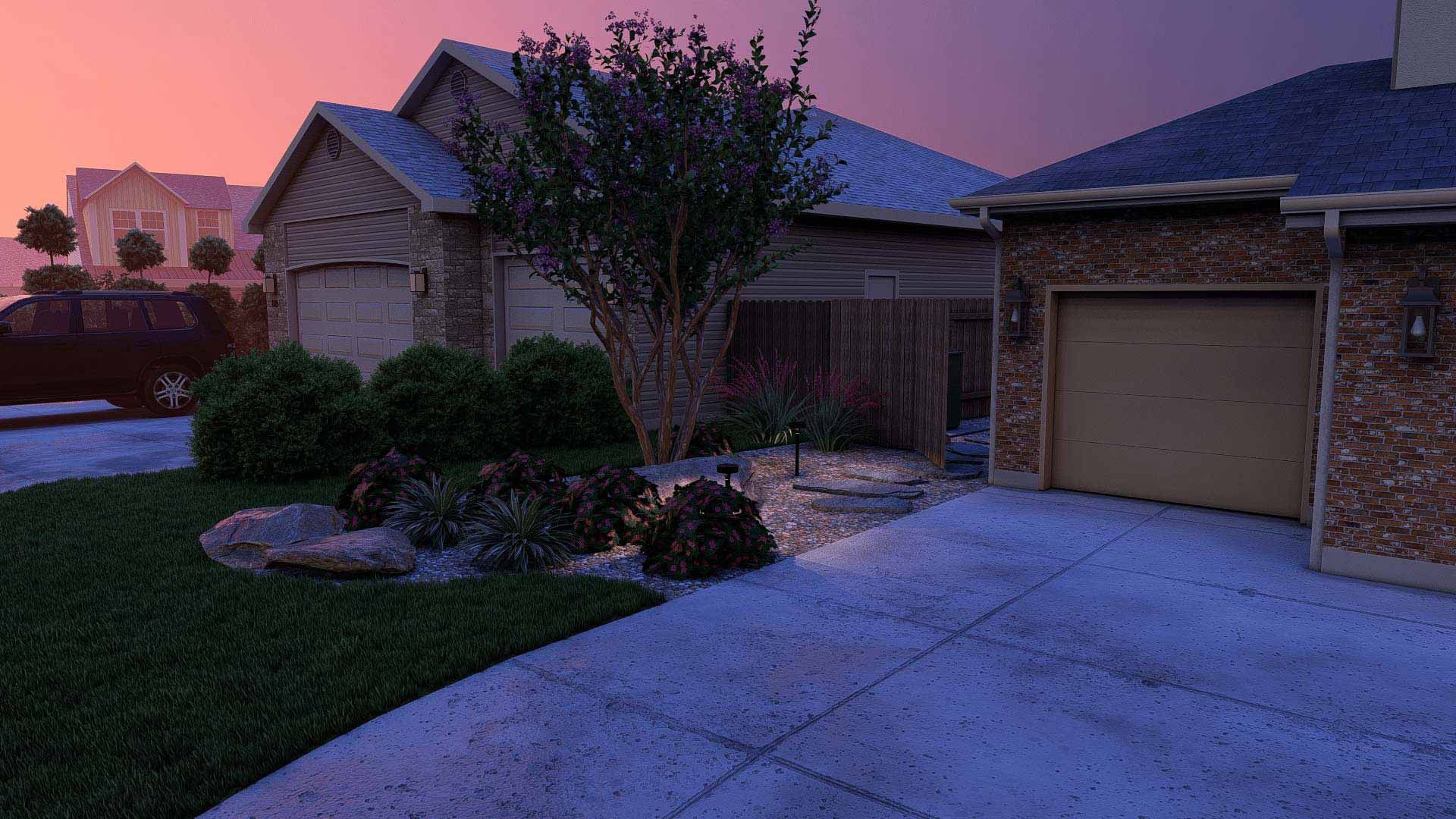 Suburban house and garage at dusk with a driveway, shrubs, and a pink-purple sky