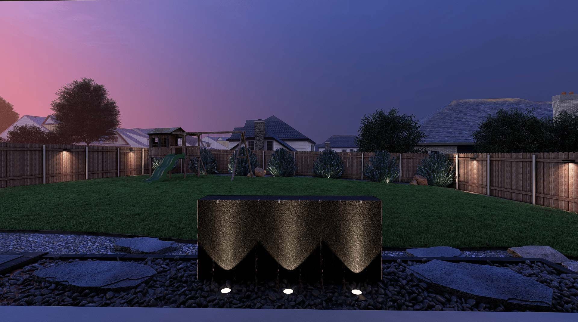 Dusk view of a modern mansion with lit windows, reflecting pool, and landscaped lawn under a purple sky
