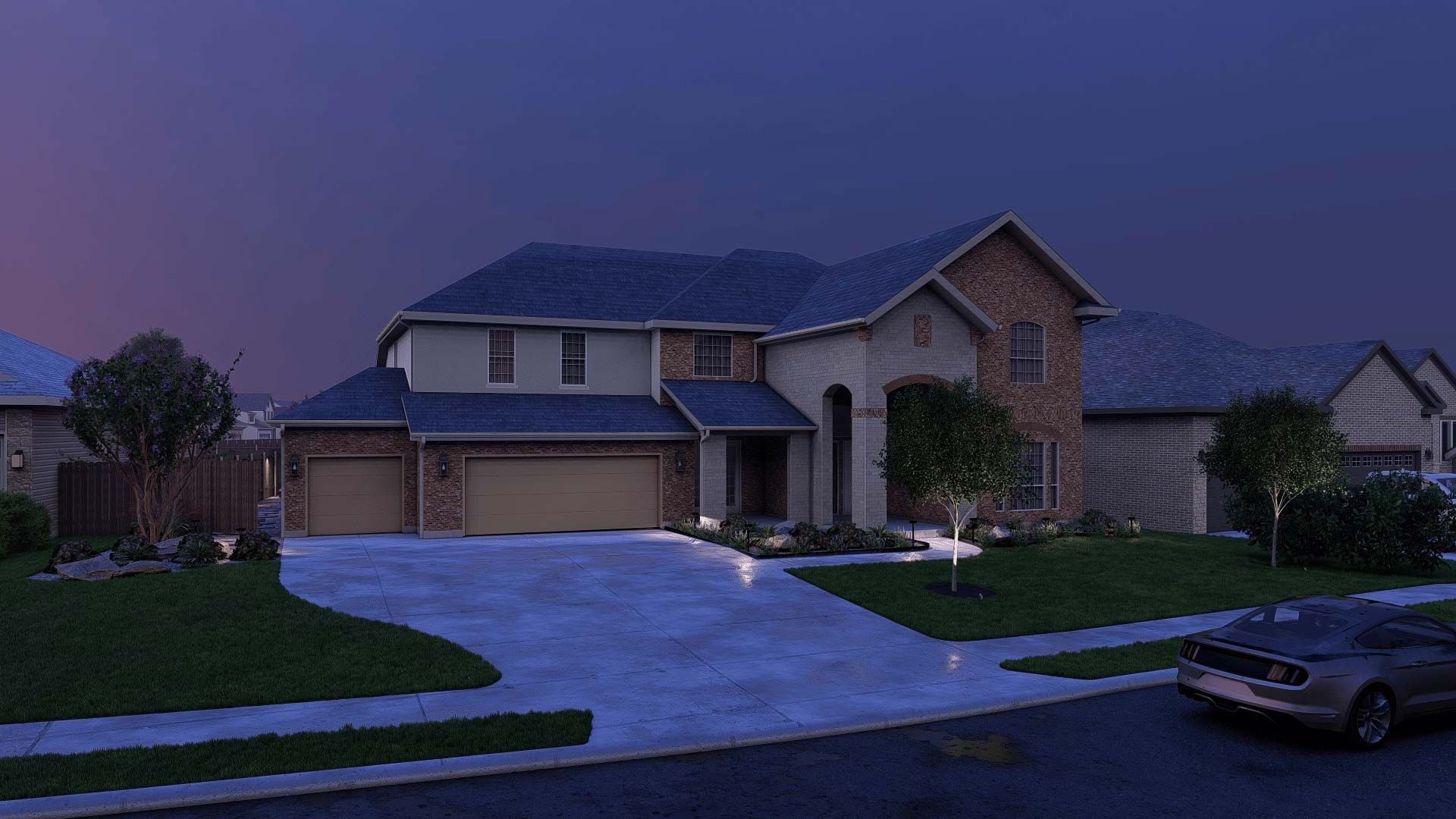 Suburban two-story house with driveway and lawn at dusk, blue-gray sky and a parked car on the street