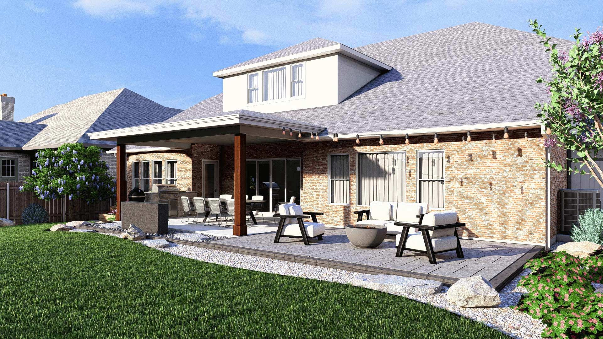 Modern stone house with covered patio, outdoor seating, and green lawn under a bright sky