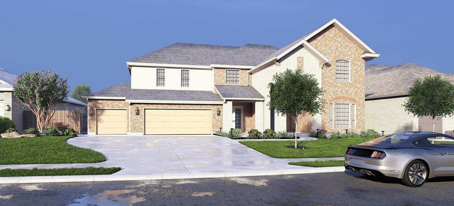 Suburban two-story house with beige siding, double garage, driveway, and a car parked on the street.