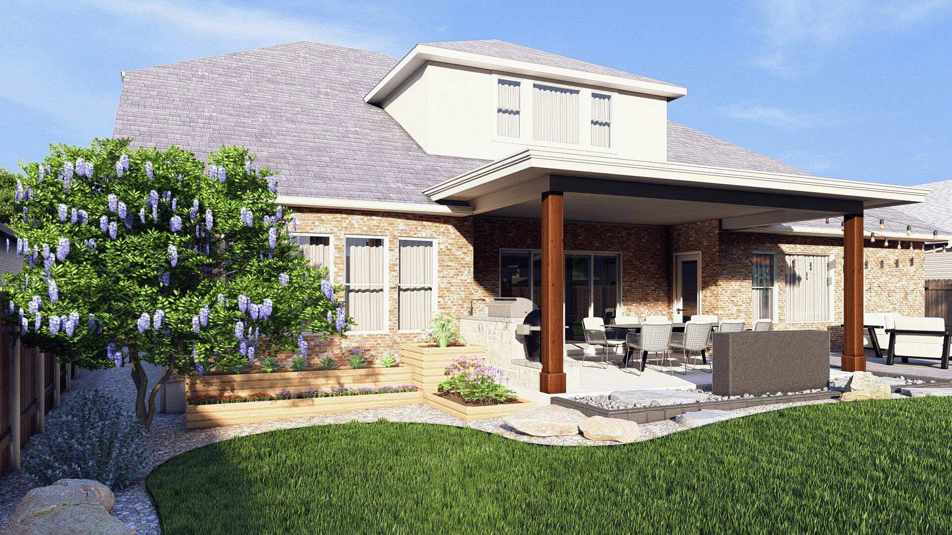 Suburban house with a covered patio, stone facade, and green lawn, partly shaded by a flowering tree