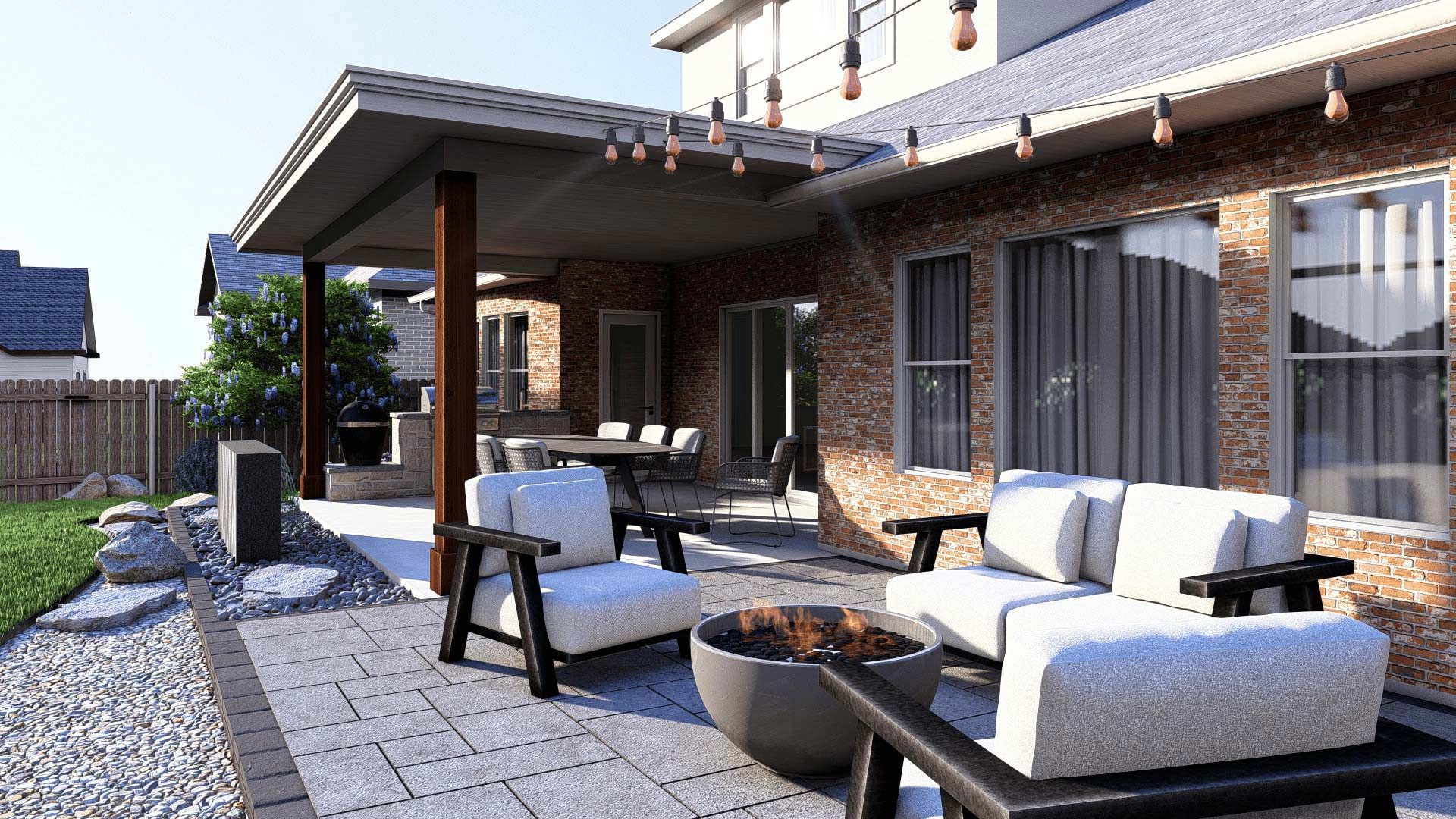 Modern patio with white outdoor sofas, fire pit, and covered brick house exterior in sunlight