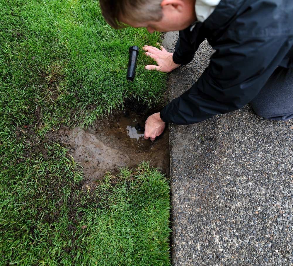 Person kneeling by a roadside ditch, inspecting muddy water next to wet grass and pavement.