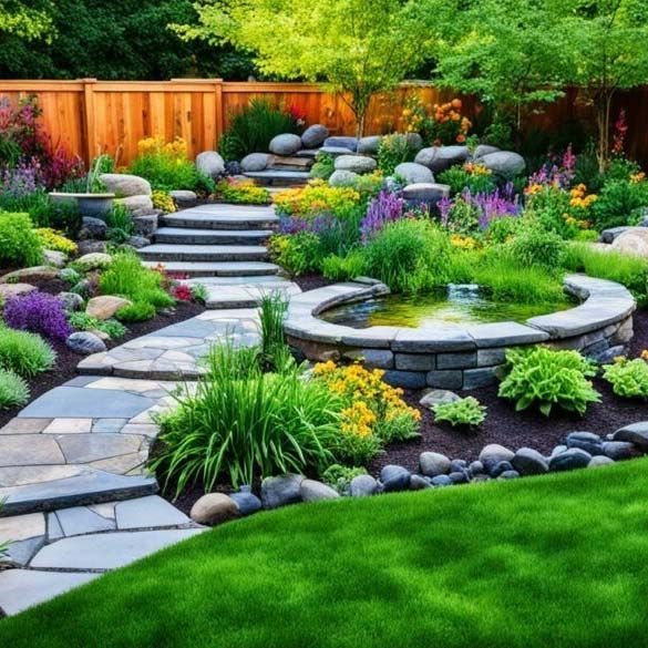 Lush landscaped garden with stone steps, curved seating walls, colorful flowers, and green lawn
