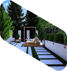 Modern patio with lounge chairs, white pavers, and tall green hedges beside a pool.