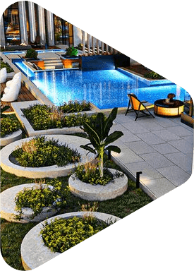 Modern poolside patio with blue water, circular planters, and lounge chairs