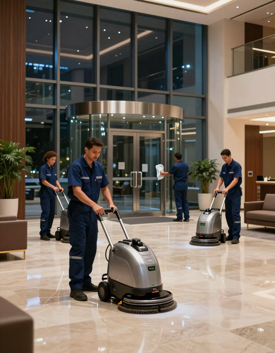 Commercial cleaning crew working in a commercial building