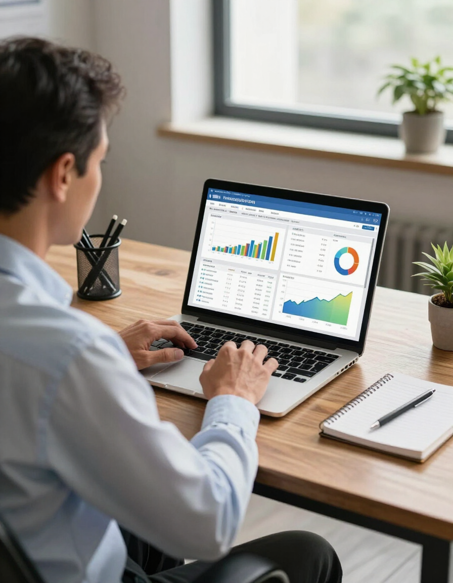 Commercial cleaning business owner reviewing operational data and accounts