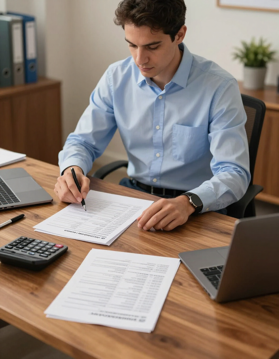 Janitorial business owner reviewing accounts and operational data