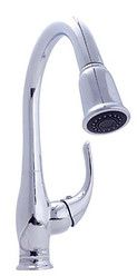 A close up of a chrome kitchen sink faucet with a shower head.