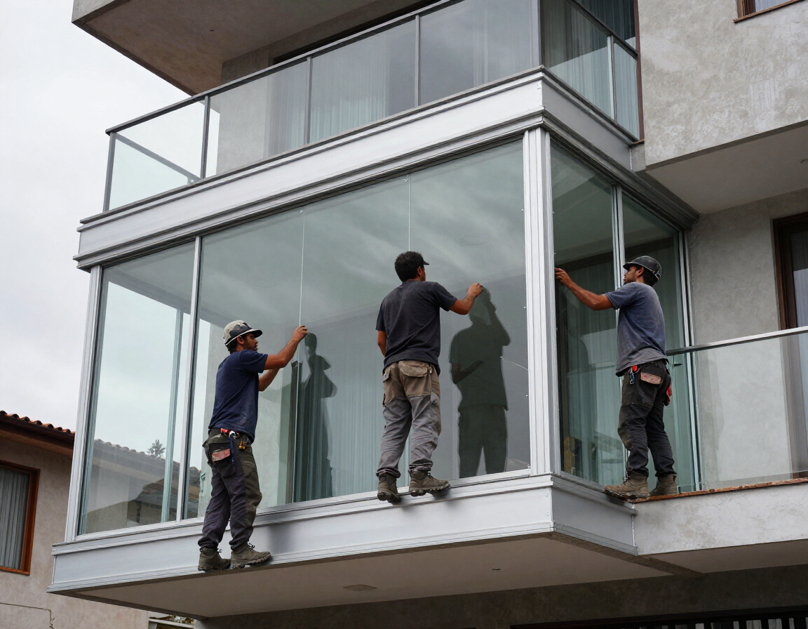 Instalación de vidrio templado y perfilería de aluminio arquitectónico en una obra residencial.