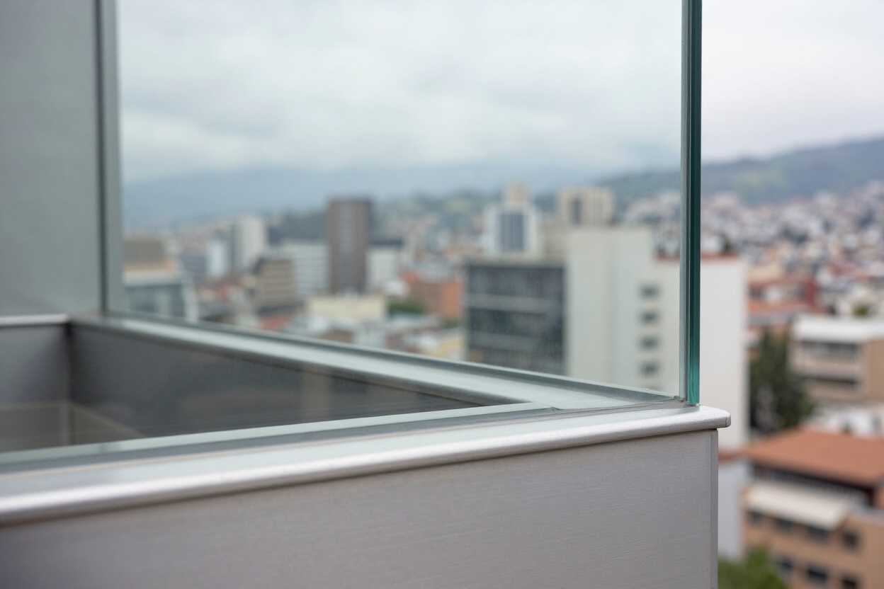 Detalle de vidrio templado con perfil de aluminio arquitectónico.