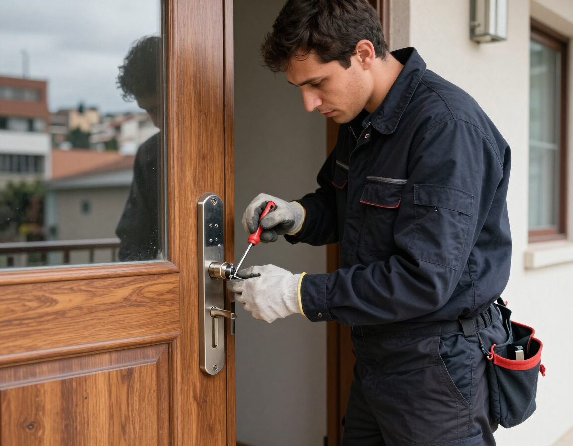 Cerrajero profesional trabajando en el cambio de una cerradura de seguridad en una puerta residencial.