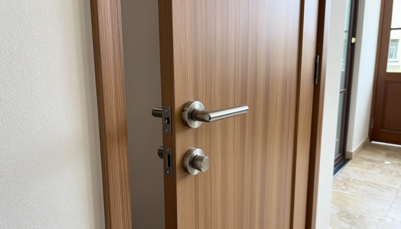 Puerta residencial segura con cerradura moderna después de una reparación