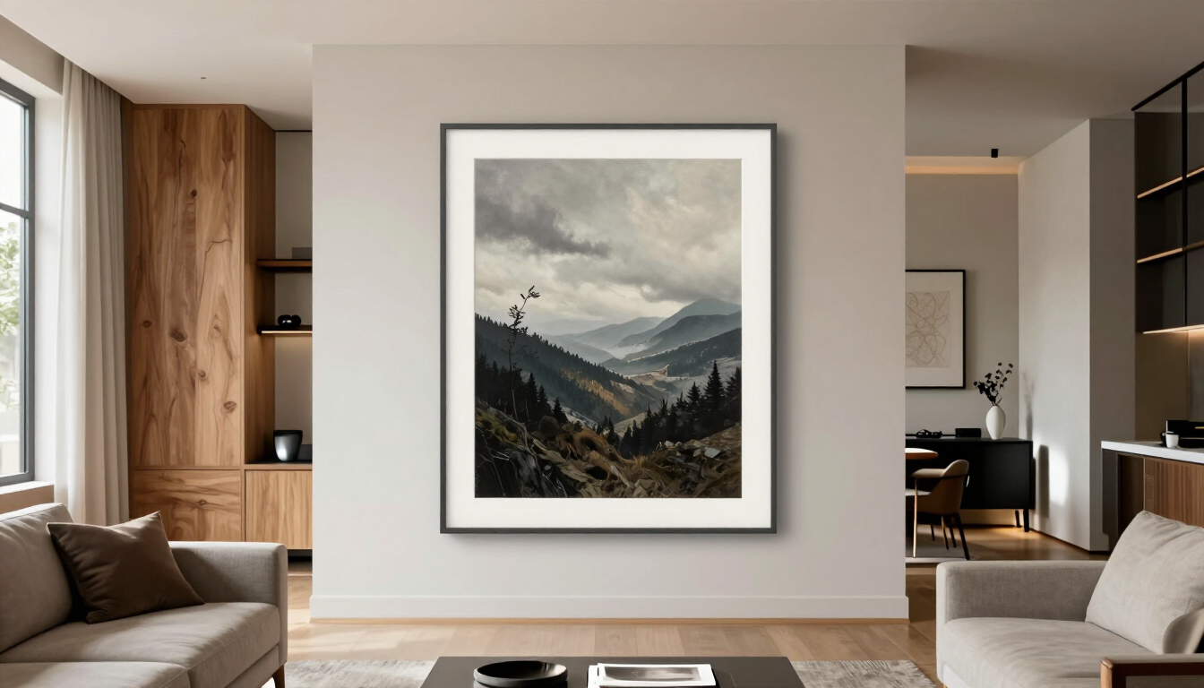 Obra de arte enmarcada instalada en un interior contemporáneo de Bogotá
