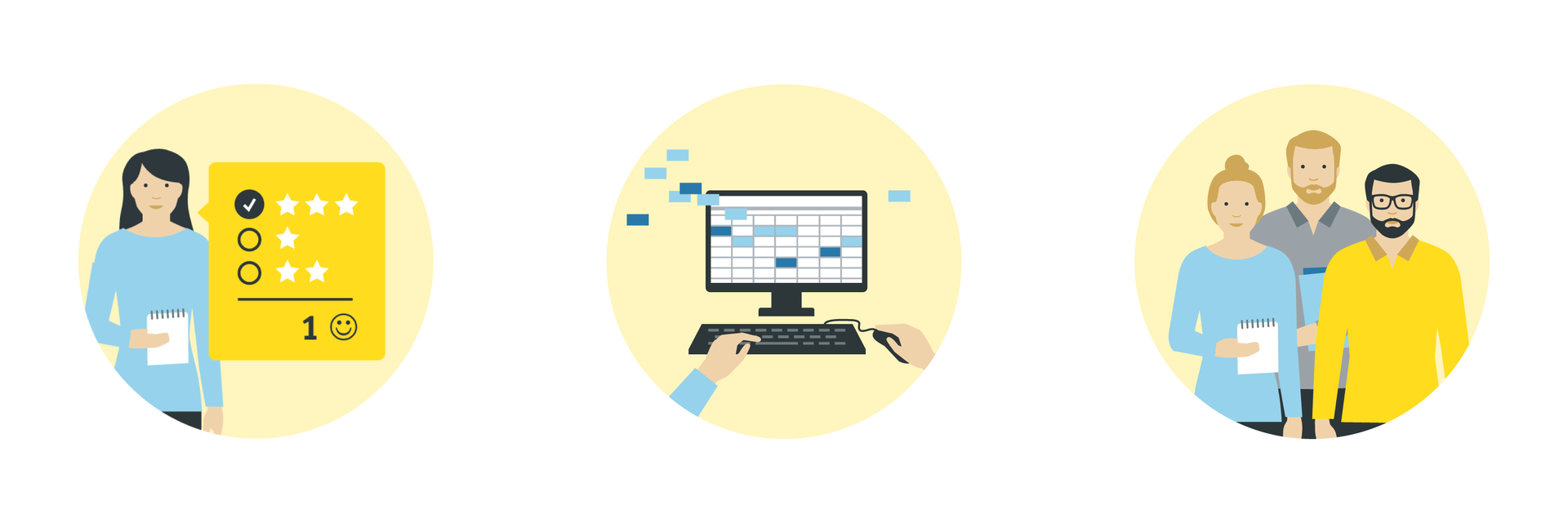 Kleine Illustrationen zu den Vorteilen der Software Kleine Illustrationen zu den Vorteilen der Software, in RAABE-Farben und in Kreisen.