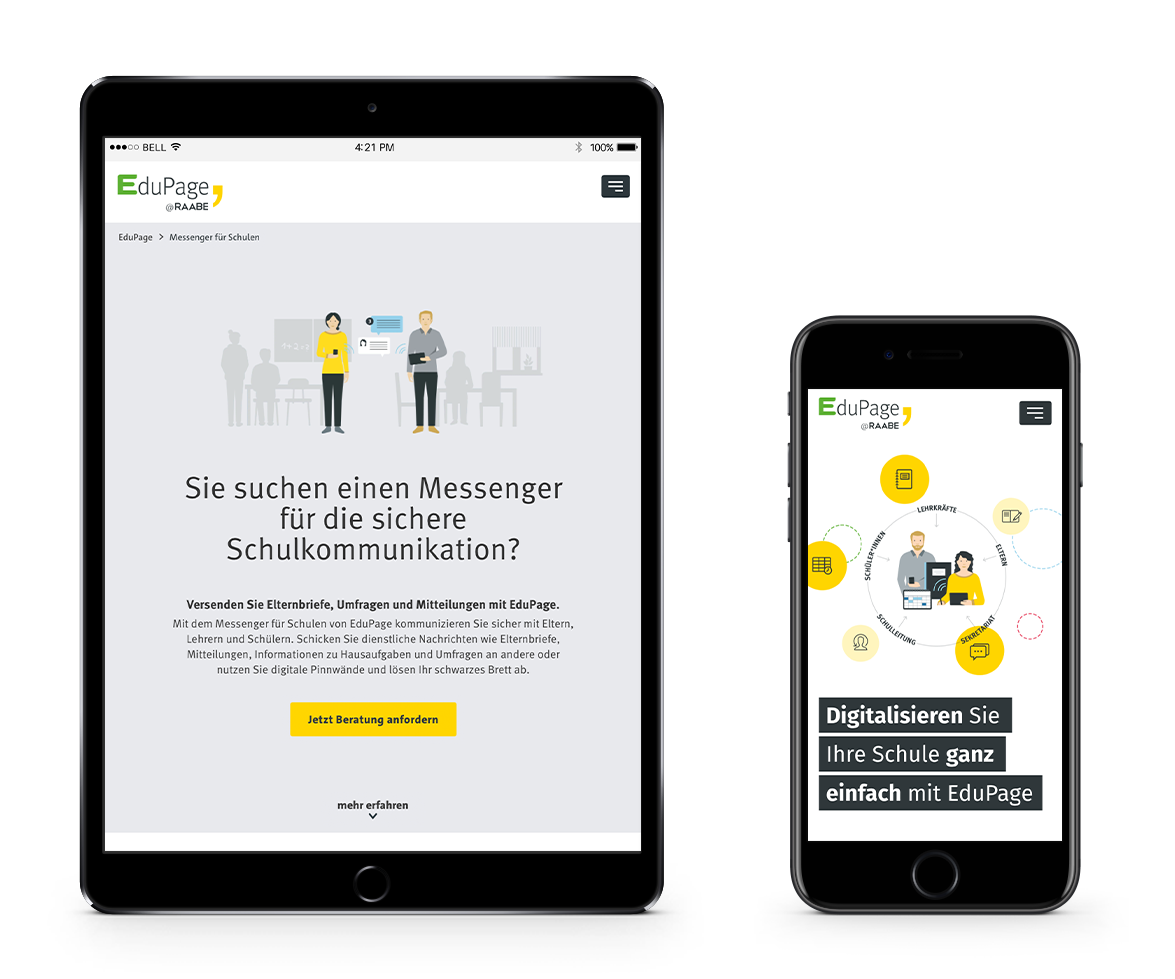 EduPage-Website in mobilen Versionen iPad und iPhone zeigen Ausschnitte der EduPage-Website