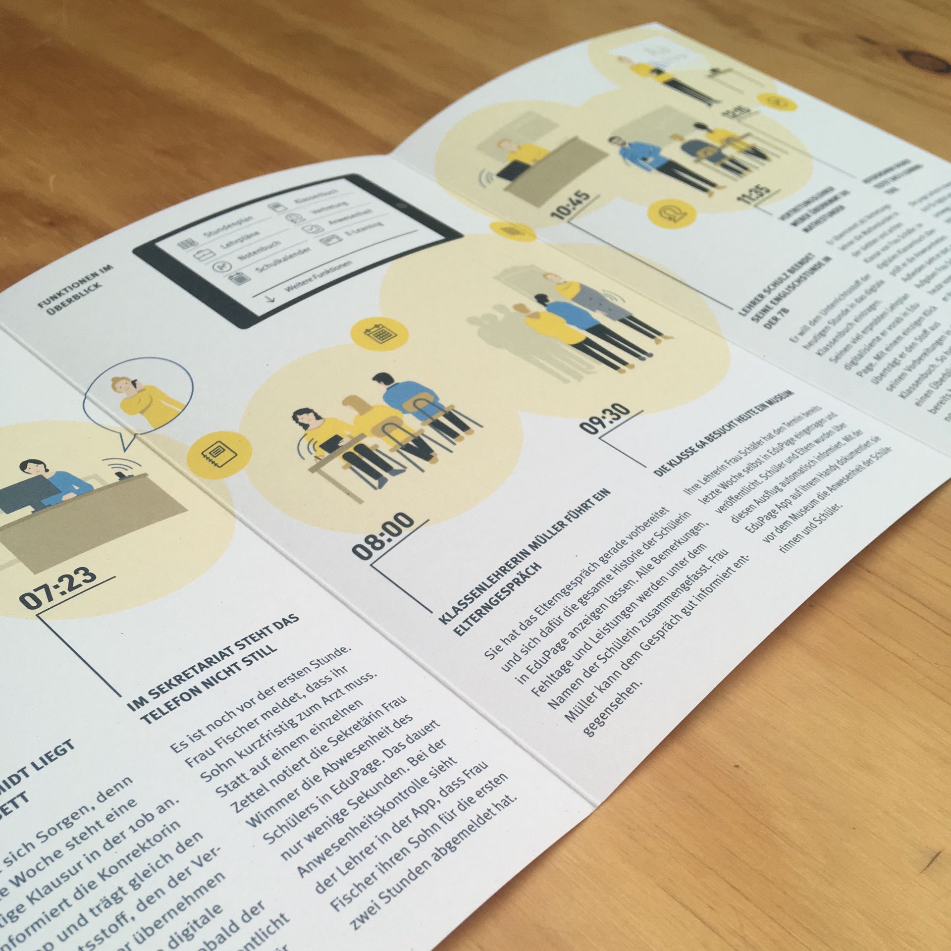 Illustrative Geschichte über die Nutzung der Software EduPage im Schulalltag EduPage-Flyer geöffnet, man sieht eine illustrative Geschichte über die Nutzung der Software im Schullalltag.