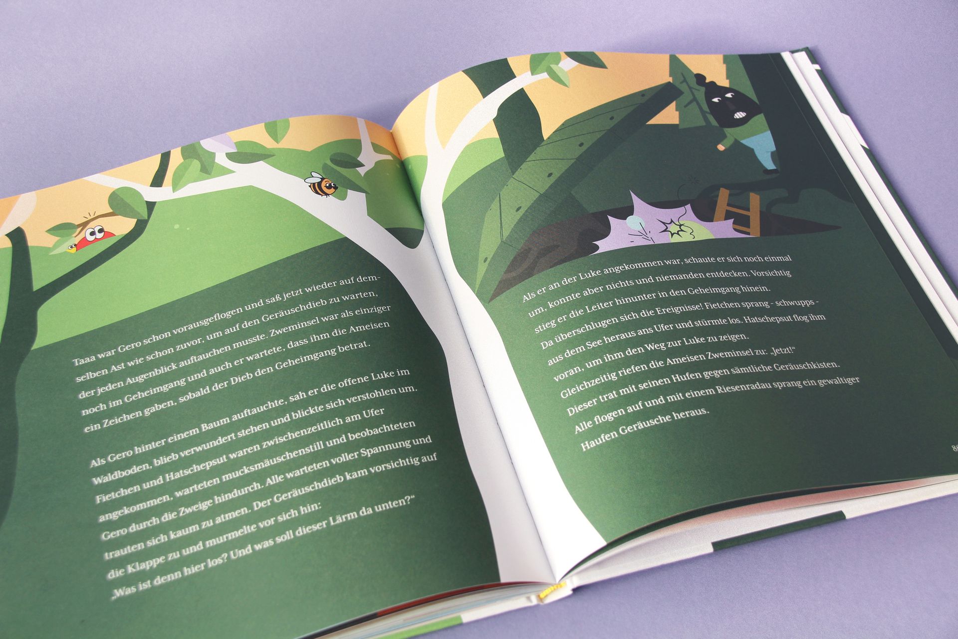 Geräuschedieb wird von bunten Knallgeräuschen überrascht. Innenseite des Buches zeigt eine Illustration, in der der Geräuschedieb von bunten Knallgeräuschen überrascht wird.