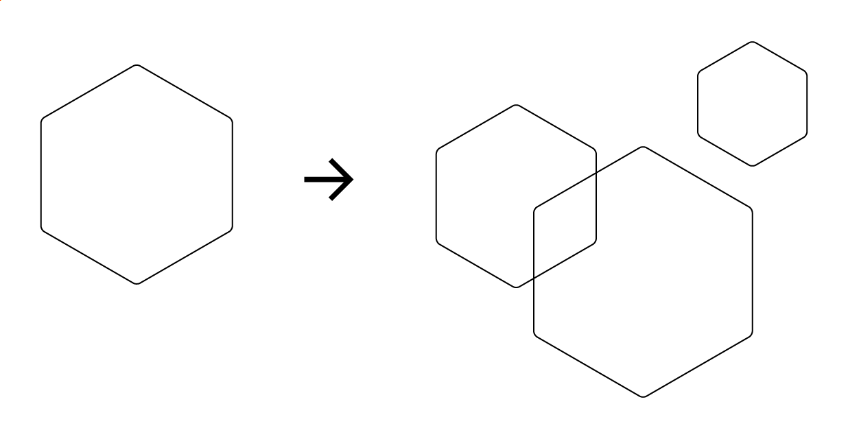 4 unterschiedlich große Polygonen in abgerundeter Kontur, zwei überschneiden sich