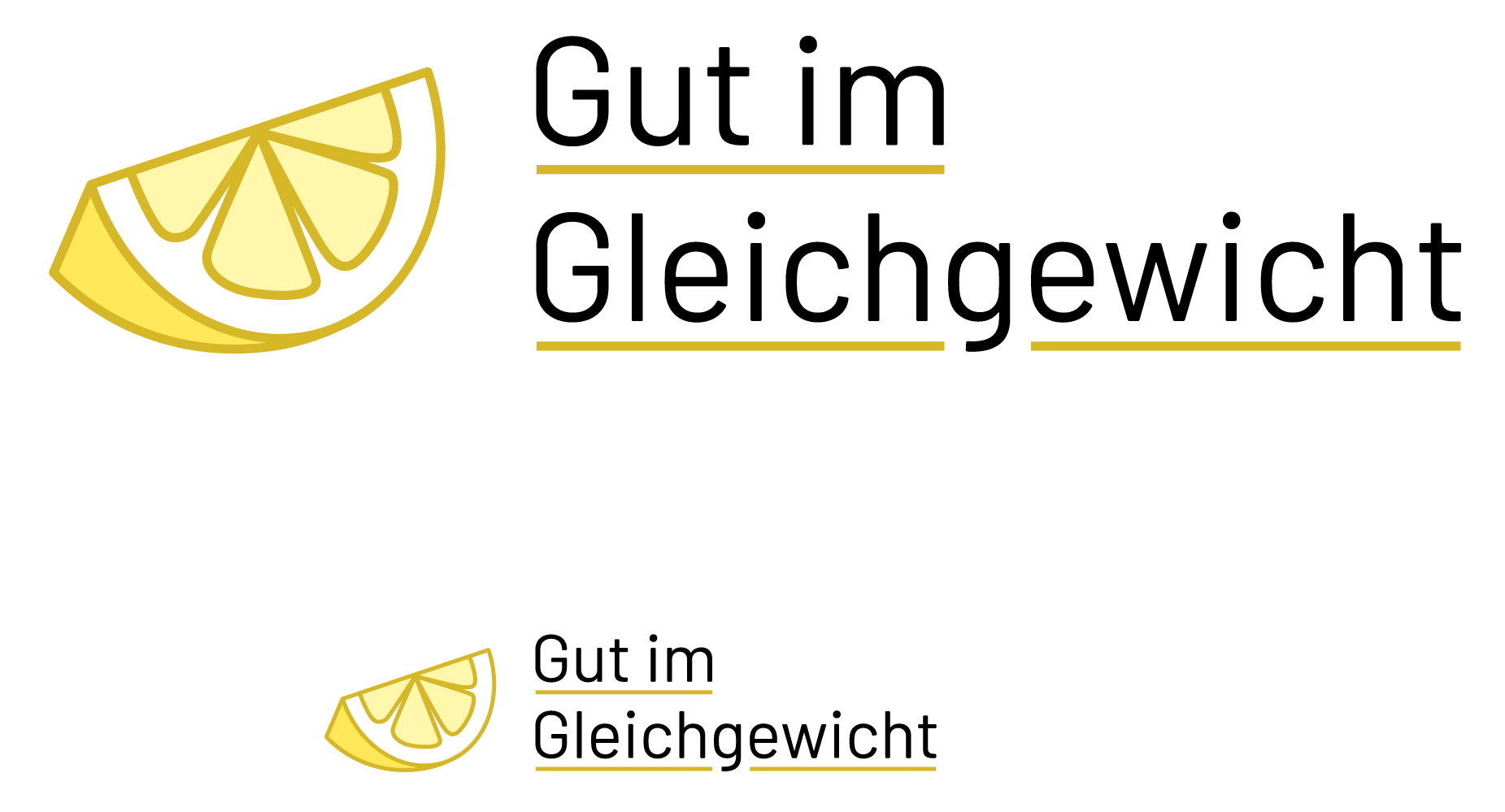 Wortbildmarke von Darstellung des Logos von Gut-im-Gleichgewicht in groß sowie in klein, mit einer geviertelten Zitrone als Wortbildmarke.