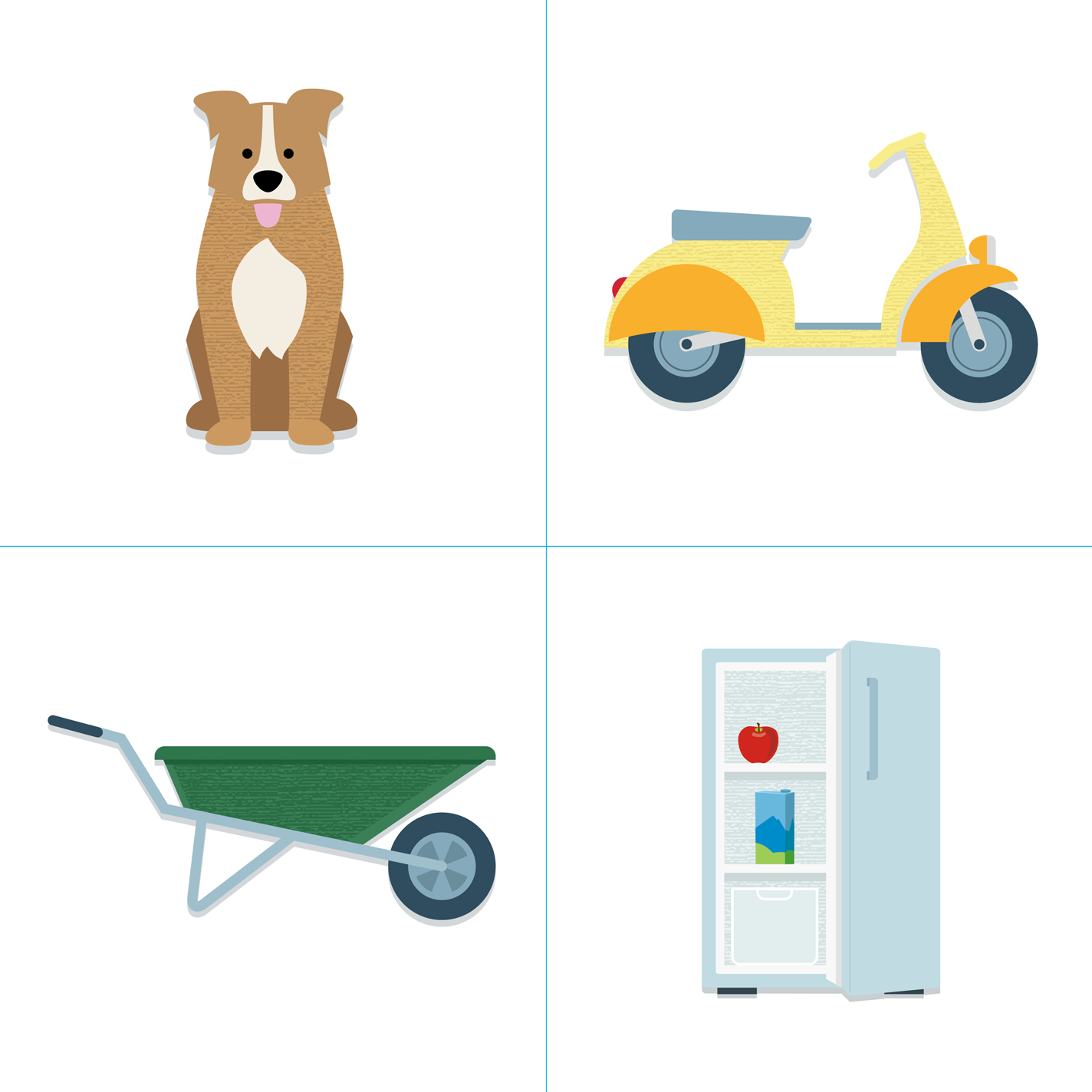 Illustrationsbeispiele aus der Lern-App Illustrationsbeispiele von 4 Gegenständen wie Hund, Mofa, Schubkarre und Kühlschrank.