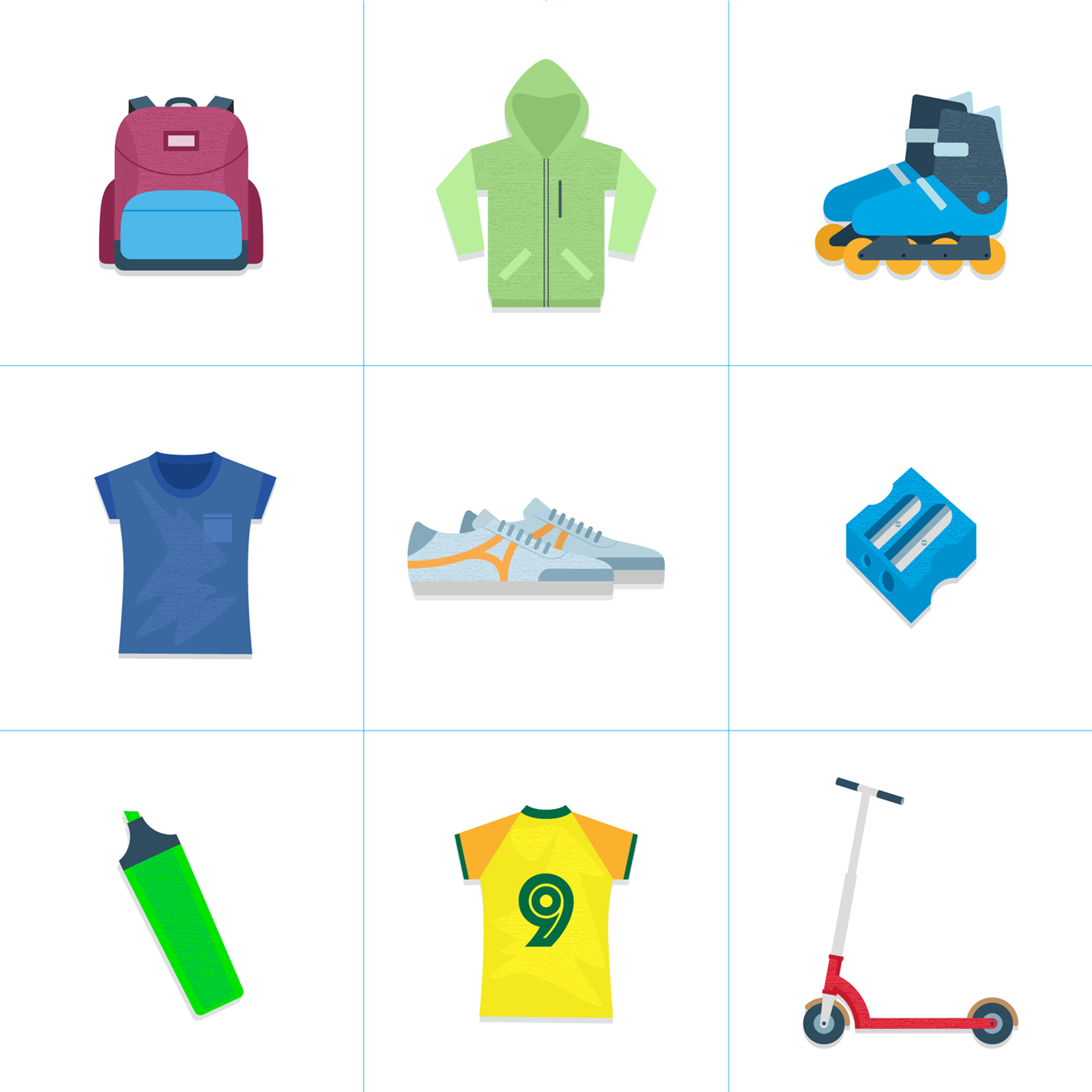 Illustrationsbeispiele aus der Lern-App Illustrationsbeispiele von 9 Gegenständen wie Kleidung, Inline-Skates und grünem Edding.