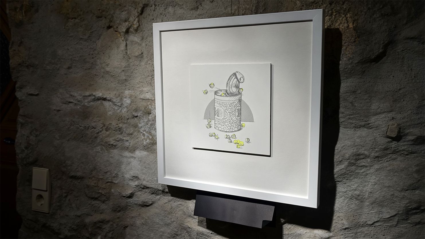 Kichererbsen Eine Illustration in weißem quadratischen Bilderrahmen zeigt eine halb geöffnete Dose Kichererbsen, aus der kichernde Kichererbsen heraushüpfen.