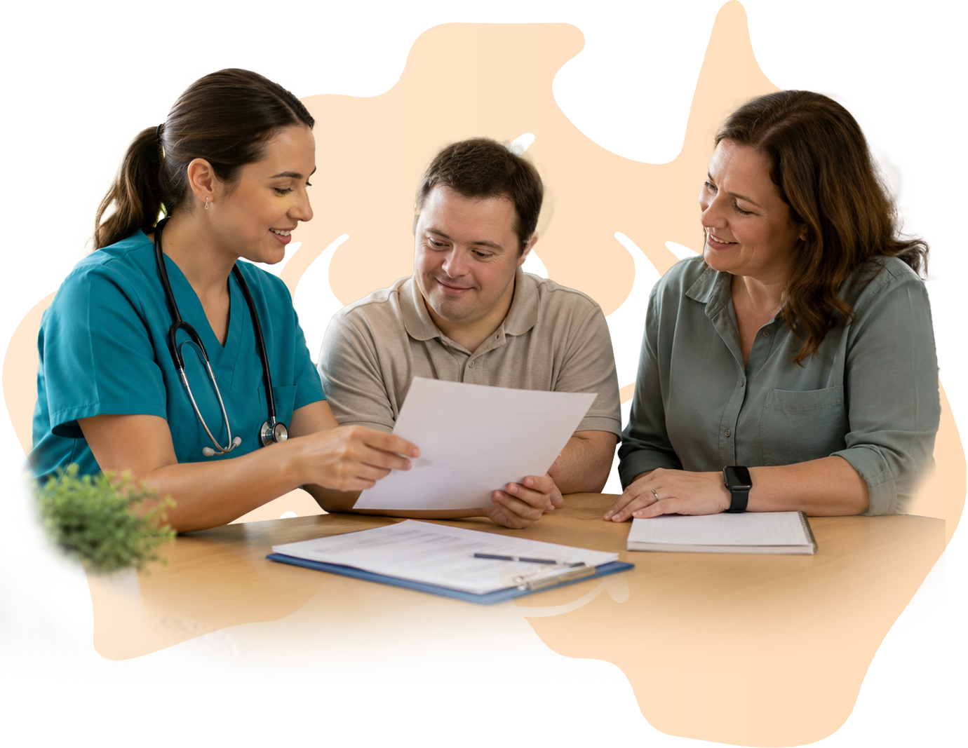 Flame Lily nurse going over care plan with NDIS Participant and Carer