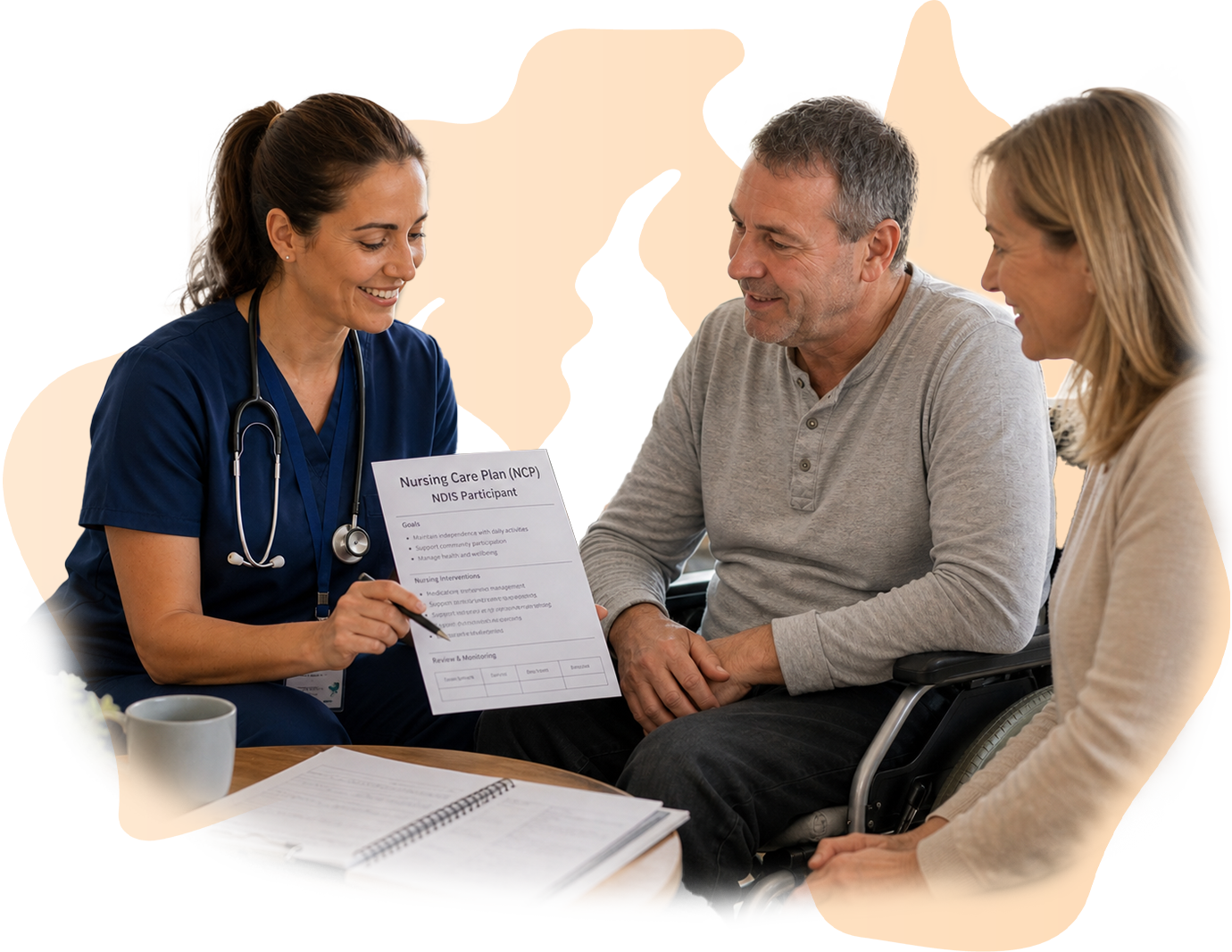 nurse showing continence results to a patient in wheelchair