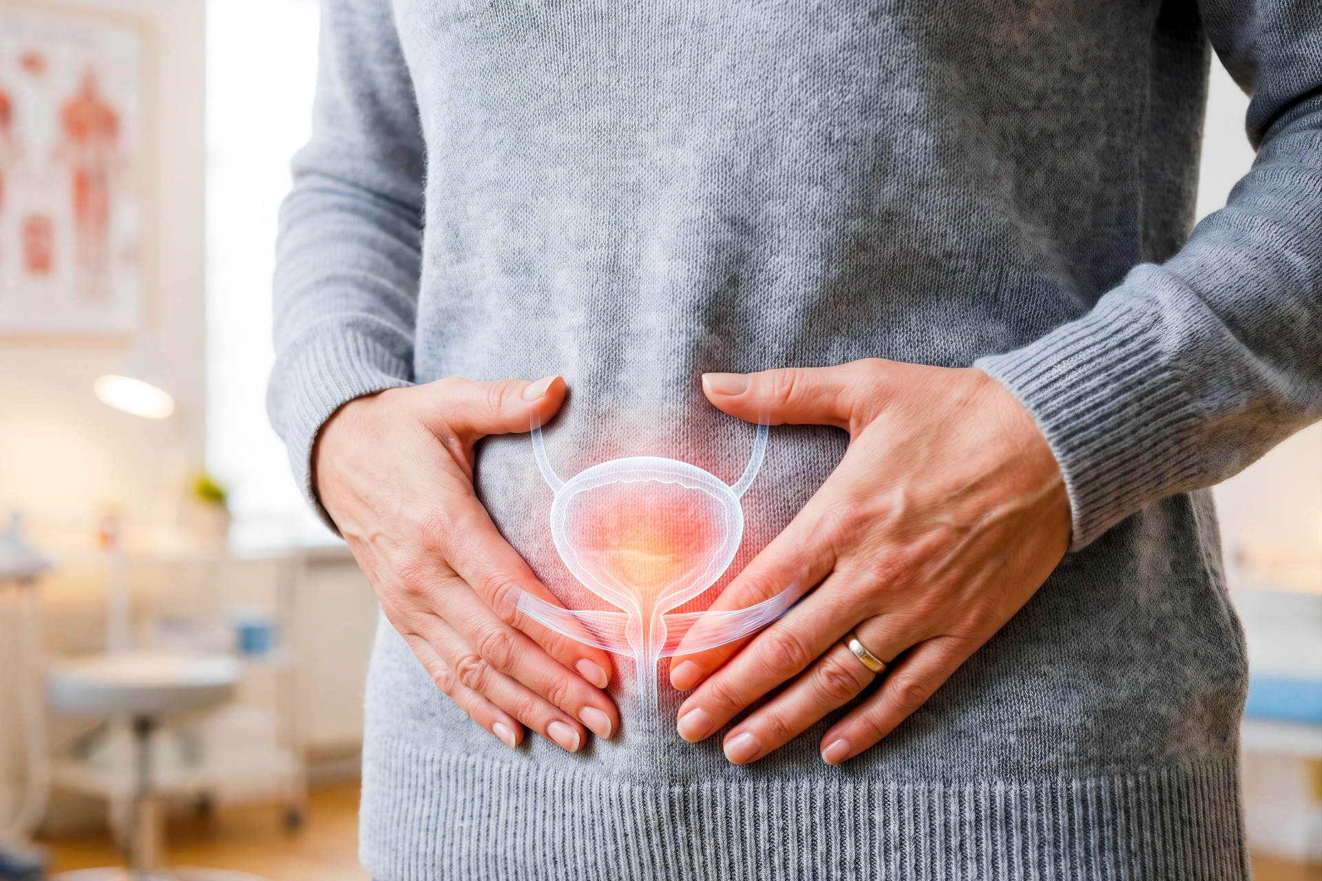 Person holding their lower abdomen with a glowing illustration of the bladder, suggesting bladder pain or urinary discomfort