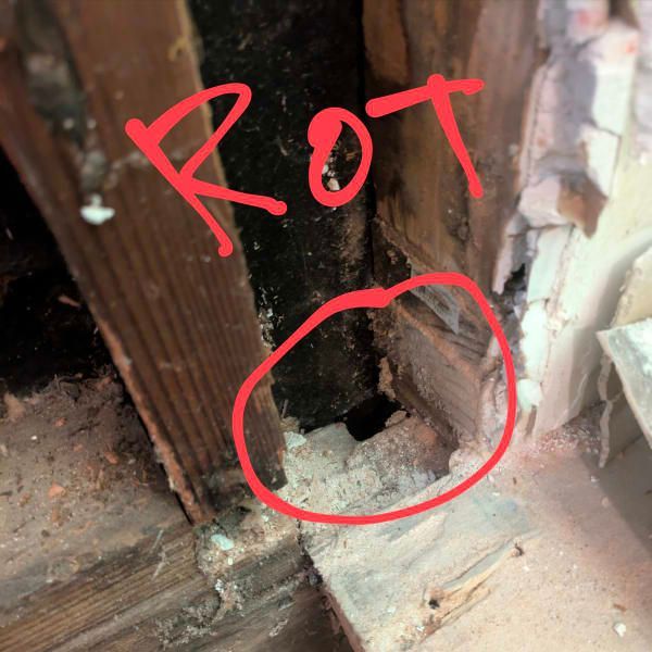 Close-up of rotting wood and damaged wall with a red circled hole labeled “ROT.”