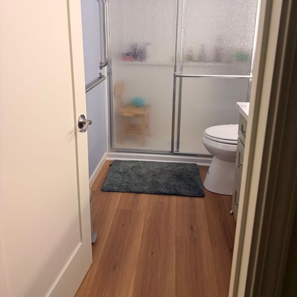 Small bathroom with wood floor, frosted shower doors, dark rug, and a toilet on the right.