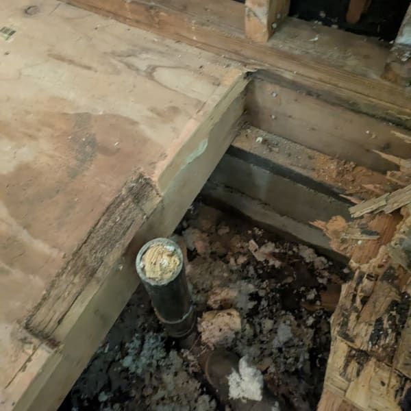 Damaged wooden floor with a cutout exposing a black pipe and rotten subfloor debris