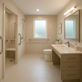 Modern beige bathroom with walk-in shower, toilet, vanity, and frosted window