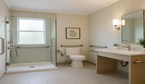 Accessible bathroom with walk-in shower, toilet, and vanity in a bright beige room