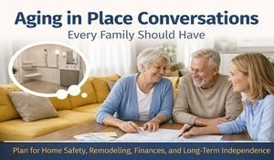 Older couple and woman talking on a yellow couch with home safety text overlay